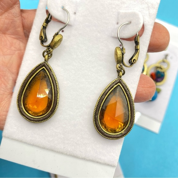 Orange & Blue Long Earrings Antique Gold Tone Pierced Bundle of Three Pairs - Picture 2 of 5